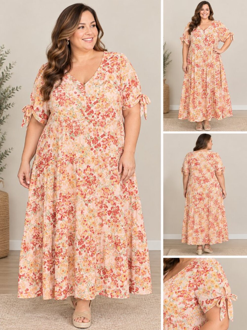 True Craft Peach Floral Tiered Midi Dress with Tie Sleeves Size 2X 🧡💛🩵